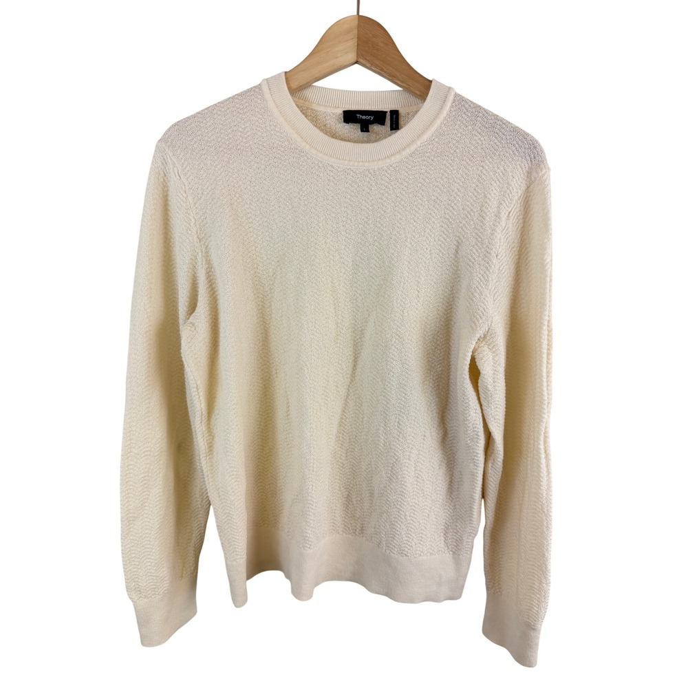Theory Waffle Knit Crewneck Sweater Womens L Cream Textured Long Sleeve
